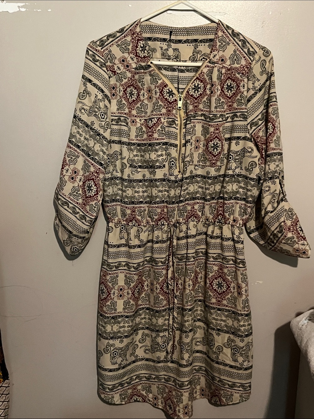 Boho Floral Print Cream Dress with Drawstring Waist